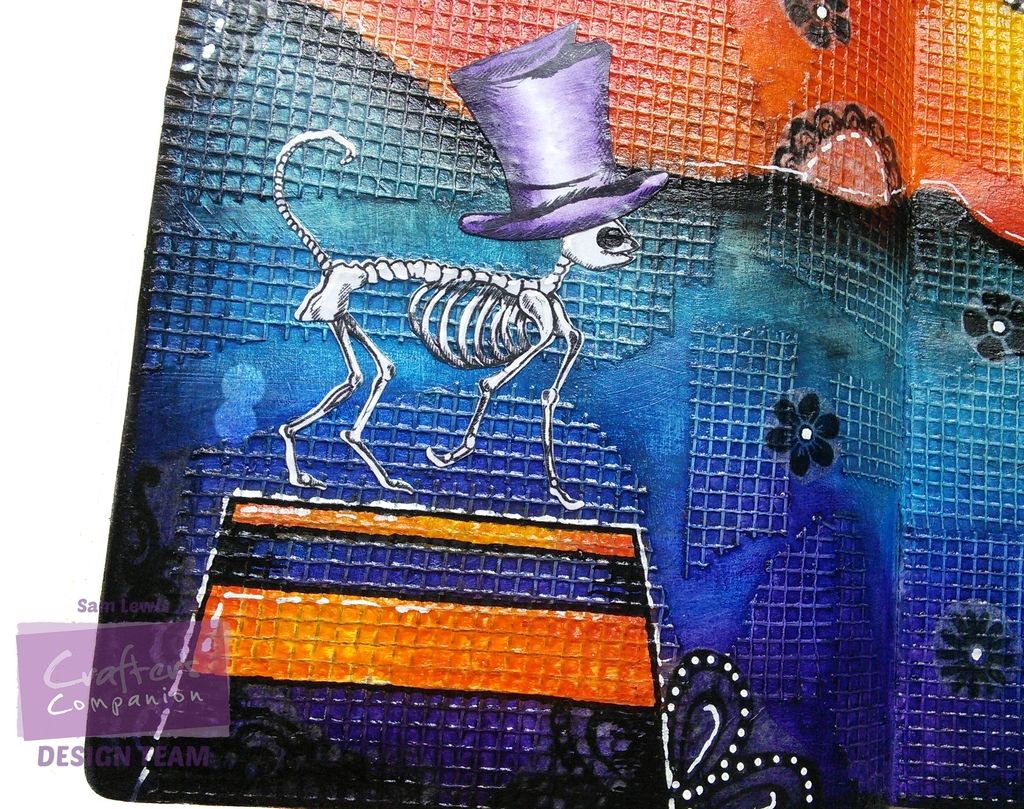 Art Journal Page by The Crippled Crafter, featuring Sheena Douglass "Day of the Dead" range by Crafter's Companion, and Gelatos