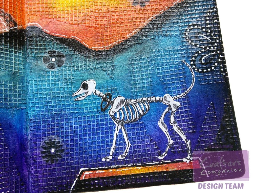 Art Journal Page by The Crippled Crafter, featuring Sheena Douglass "Day of the Dead" range by Crafter's Companion, and Gelatos