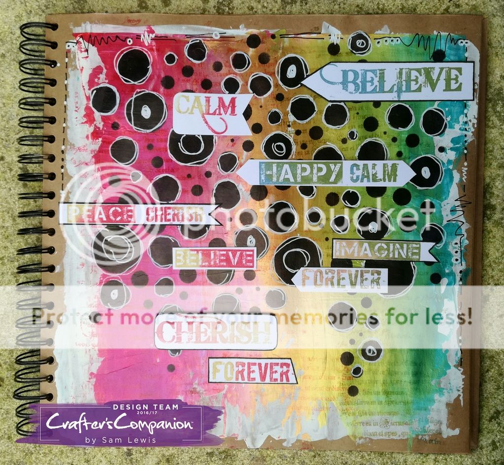 Art Journal Page featuring Words of Wonder stamp by Crafter's Companion & Pebeo Dyna Paints. By Sam Lewis AKA The Crippled Crafter.
