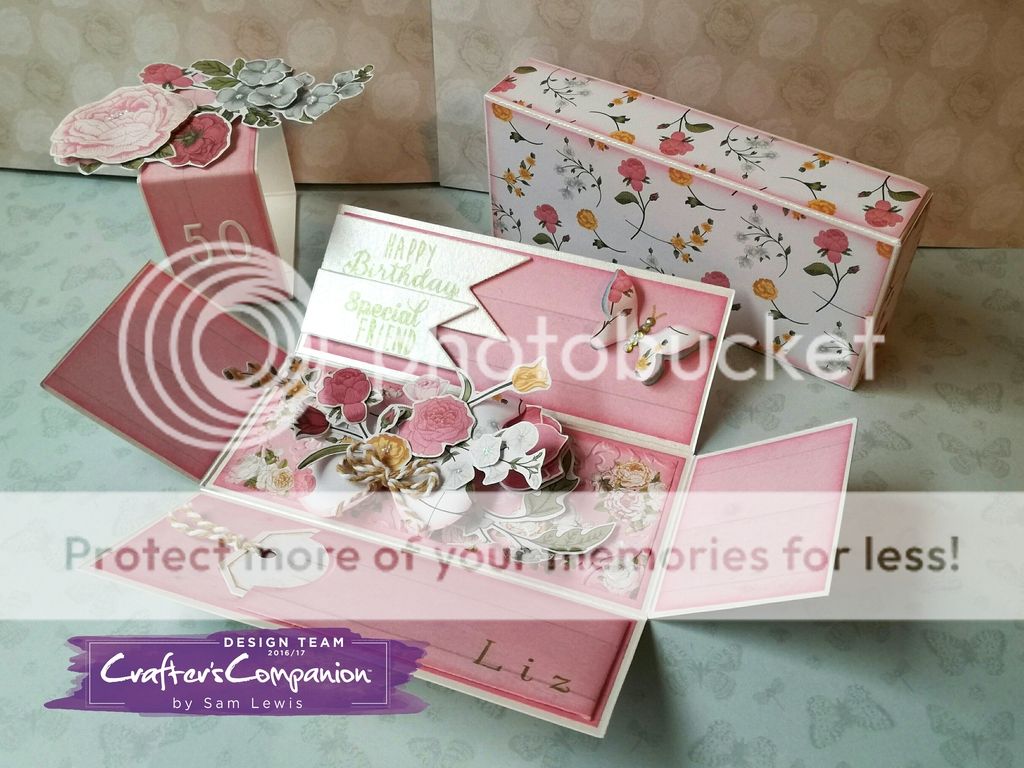 Exploding Box Card by Sam Lewis AKA The Crippled Crafter.  Featuring Sara Davies English Country Garden collection from Crafter's Companion.