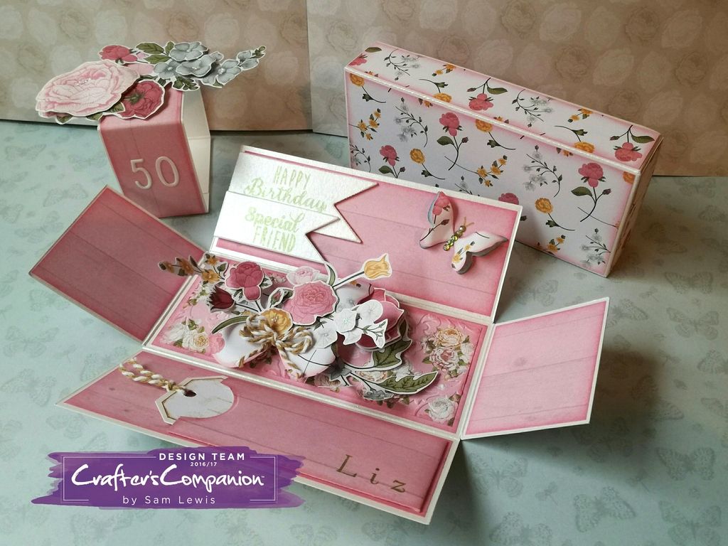 Exploding Box Card by Sam Lewis AKA The Crippled Crafter.  Featuring Sara Davies English Country Garden collection from Crafter's Companion.