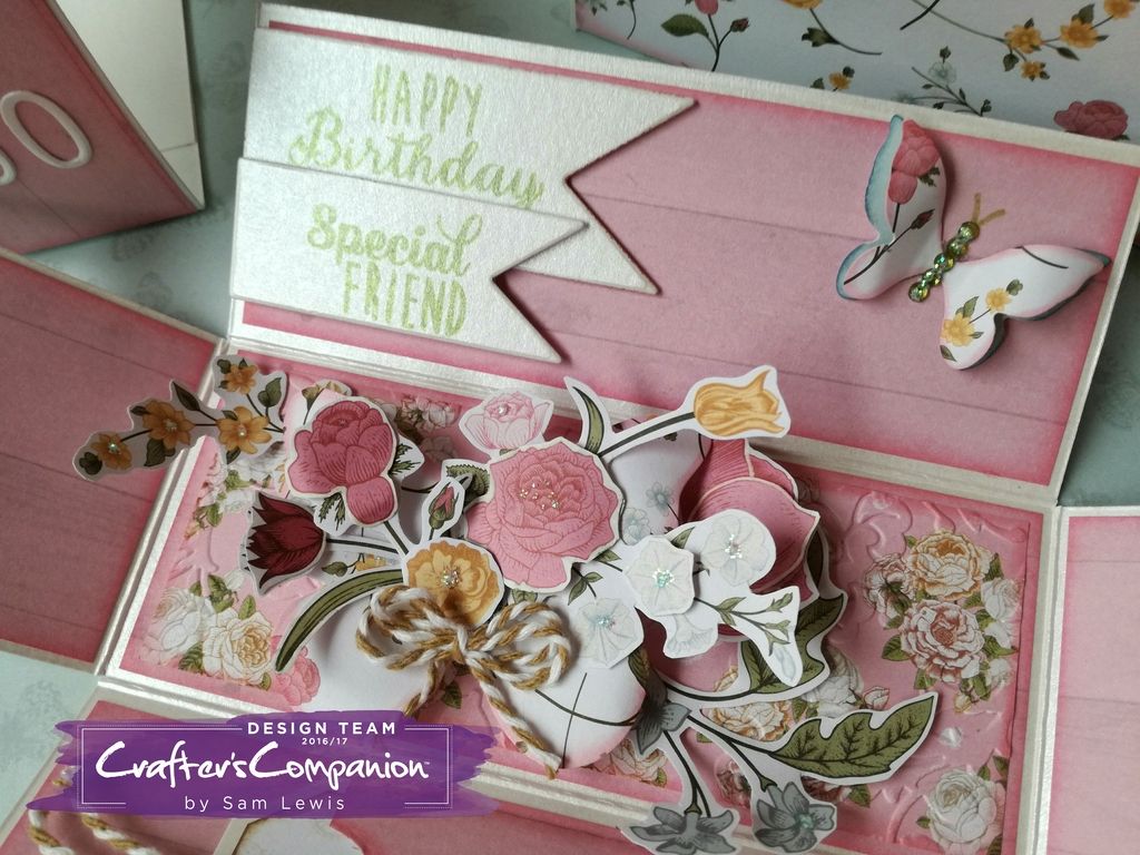 Exploding Box Card by Sam Lewis AKA The Crippled Crafter.  Featuring Sara Davies English Country Garden collection from Crafter's Companion.