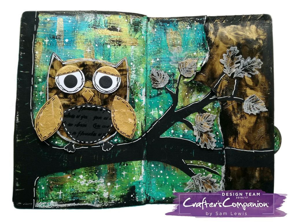 Twit Twoo - Art Journal Page by Sam Lewis AKA The Crippled Crafter, featuring Pebeo Dyna paints and Die'Sire Mixed Media Dies