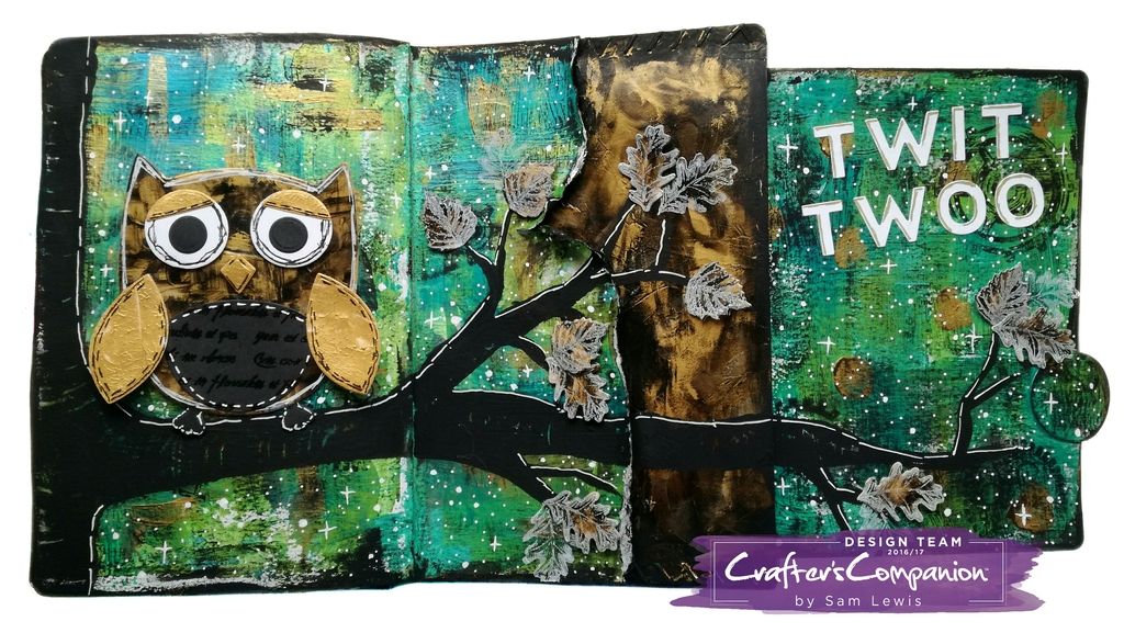 Twit Twoo - Art Journal Page by Sam Lewis AKA The Crippled Crafter, featuring Pebeo Dyna paints and Die'Sire Mixed Media Dies