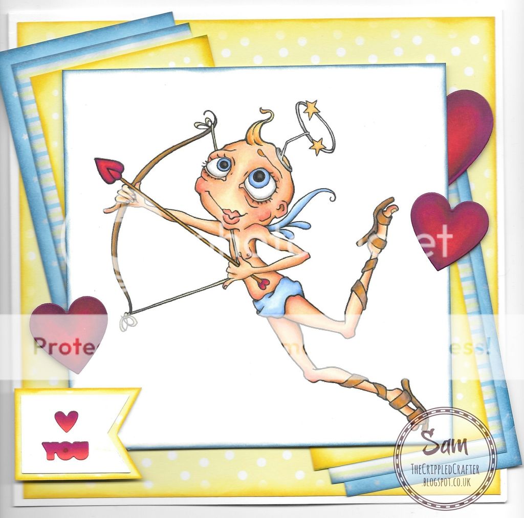 Valentines card by Sam Lewis AKA The Crippled Crafter, featuring Cute Cupid by Bloobel Stamps.