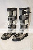   36 USA 6 TALL BLACK & BEIGE PLAID PRINT RUBBER RAIN BOOTS zg  